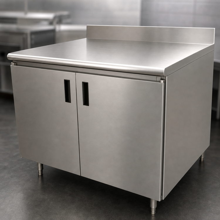 Product image #3 for Advance Tabco HK-SS-2410 Enclosed Work Table with Cabinet Base and Hinged Doors, 120 x 24 Inches, 14 Gauge 304 Stainless Steel Top, 5-Inch Backsplash