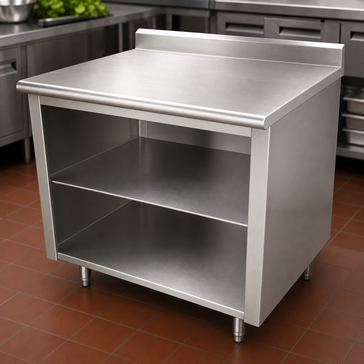 Product image #3 for Advance Tabco 60-Inch x 36-Inch Open Front Cabinet Work Table with Mid-Shelf, 14 Gauge 304 Stainless Steel Top and 5-Inch Backsplash