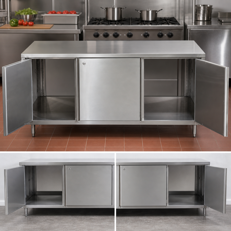 Product image #3 for BK Resources Dual-Access Stainless Steel Chef Table Cabinet Base with Locking Hinged Doors, 72 x 30 x 34-3/4 Inches