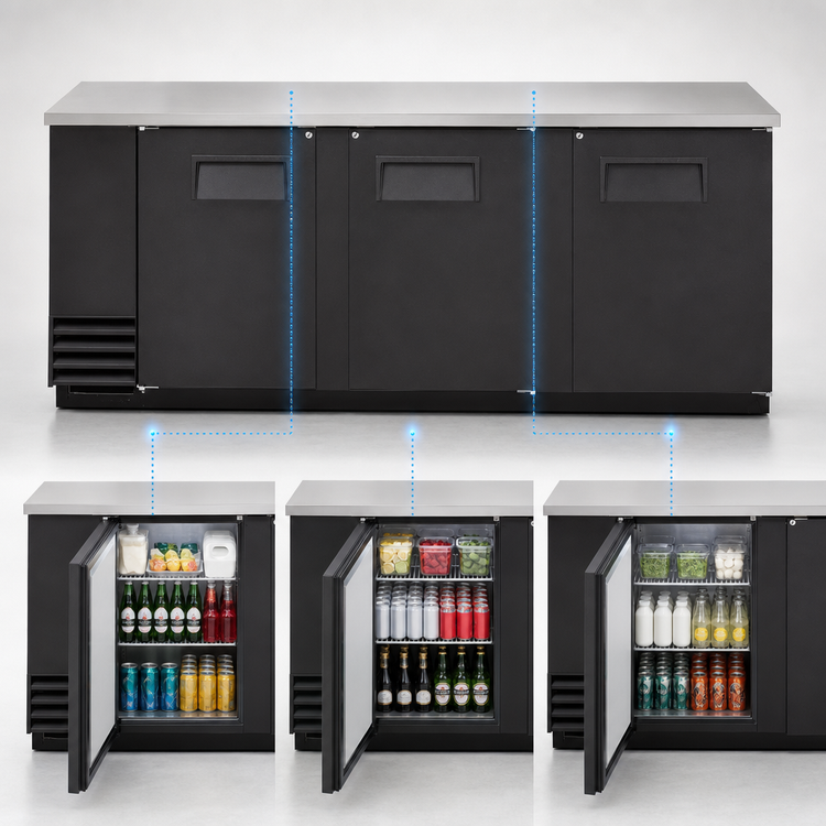 Product image #3 for True Three-Section Back Bar Cooler, 90-3/8 Inch Wide, 3 Solid Locking Doors, Stainless Steel Top, Left-Side Self-Contained Refrigeration