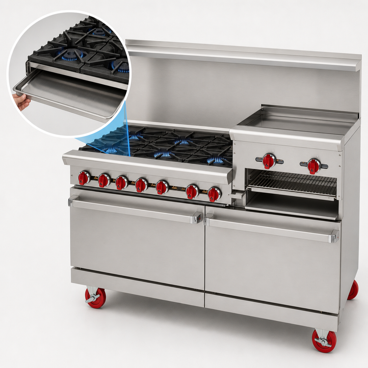 Product image #3 for American Range 48-Inch Commercial Gas Range with 4 Open Burners, 24-Inch Raised Griddle/Broiler, Left Standard Oven, and Right Storage Base