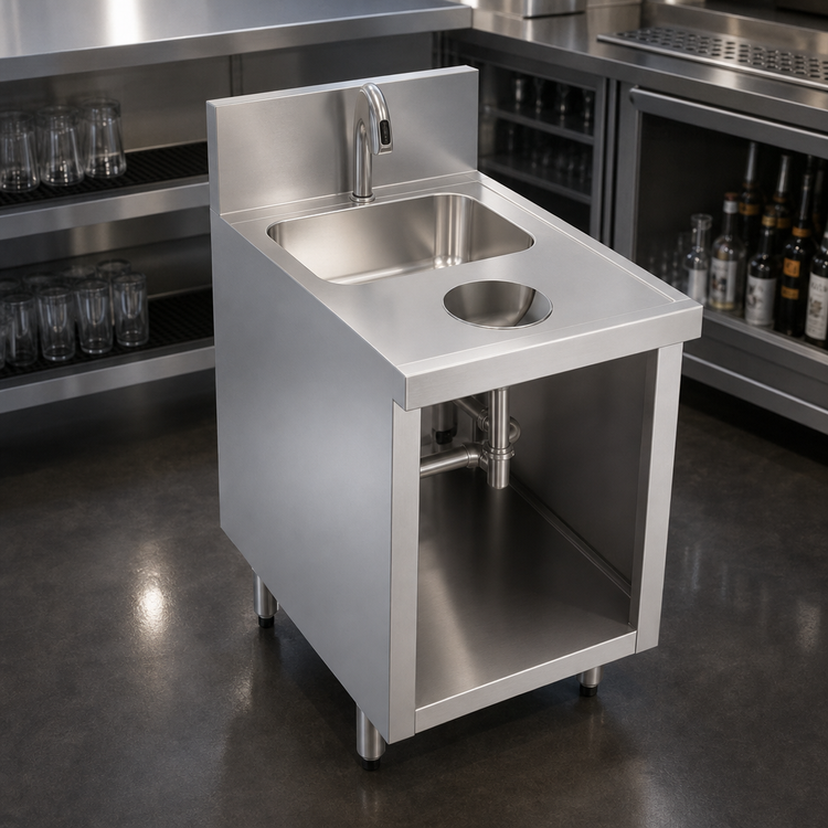 Product image #3 for Krowne Royal Series Freestanding Stainless Steel Underbar Hand Sink Unit with Open Front Cabinet Base and Electronic Faucet