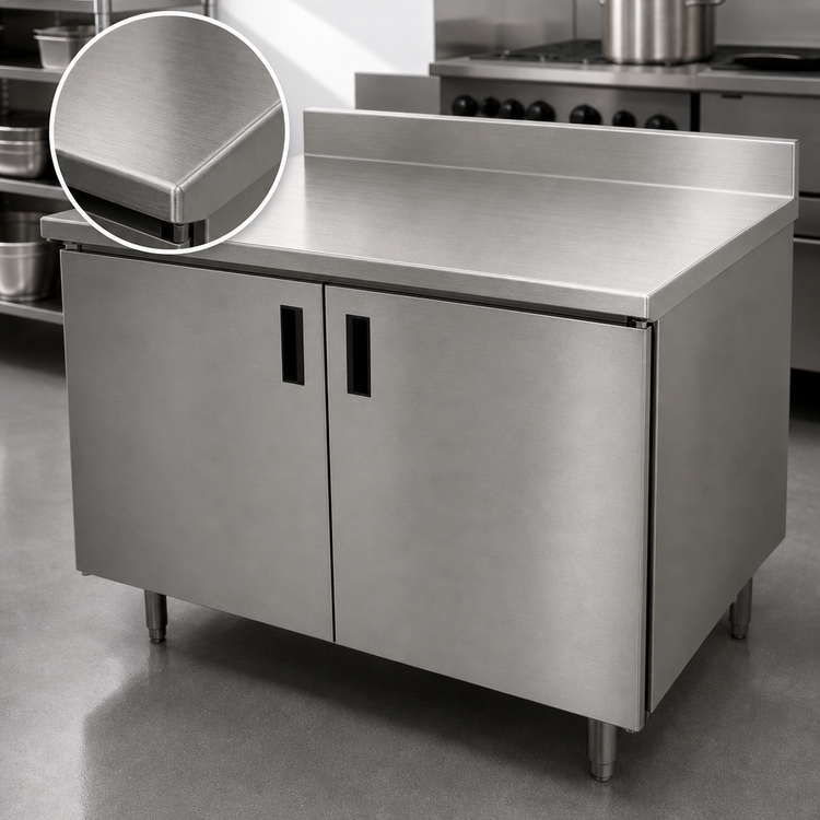 Product image #3 for Advance Tabco 96" x 24" Enclosed Stainless Steel Work Table with Cabinet Base, Mid-Shelf, Hinged Doors, and 5" Backsplash