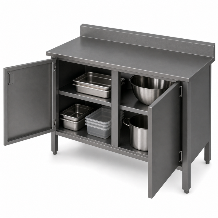 Product image #3 for John Boos Enclosed Work Table Cabinet Base with Hinged Doors, 60 x 30 Inches, 14-Gauge 300-Series Stainless Steel Top, 5-Inch Backsplash