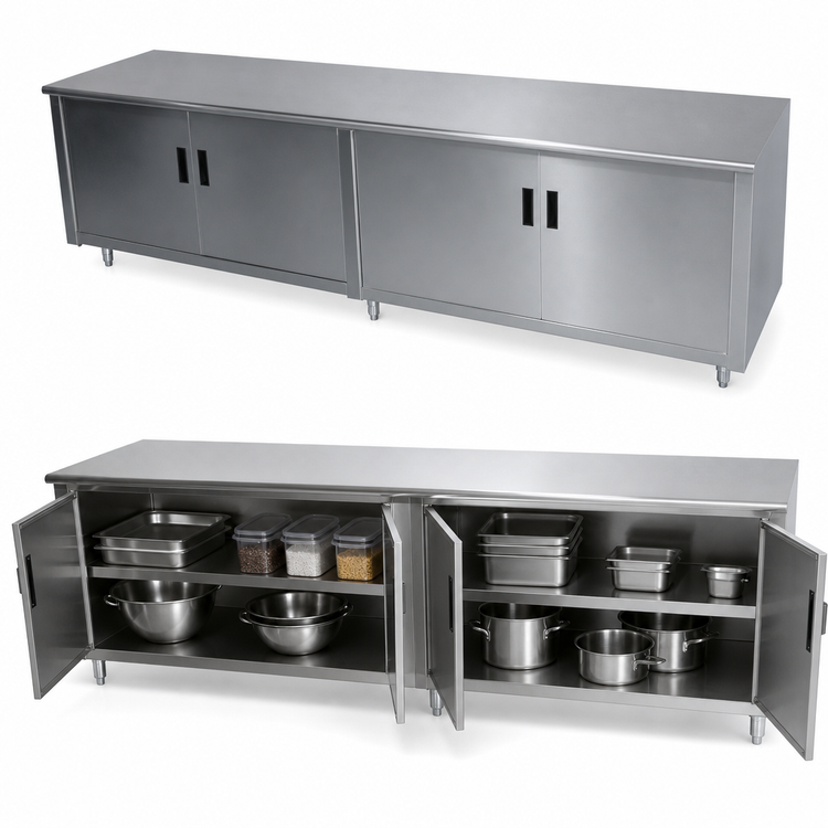 Product image #3 for Advance Tabco 96-Inch x 36-Inch Enclosed Work Table with Cabinet Base, Hinged Doors, and 14-Gauge 304 Stainless Steel Top