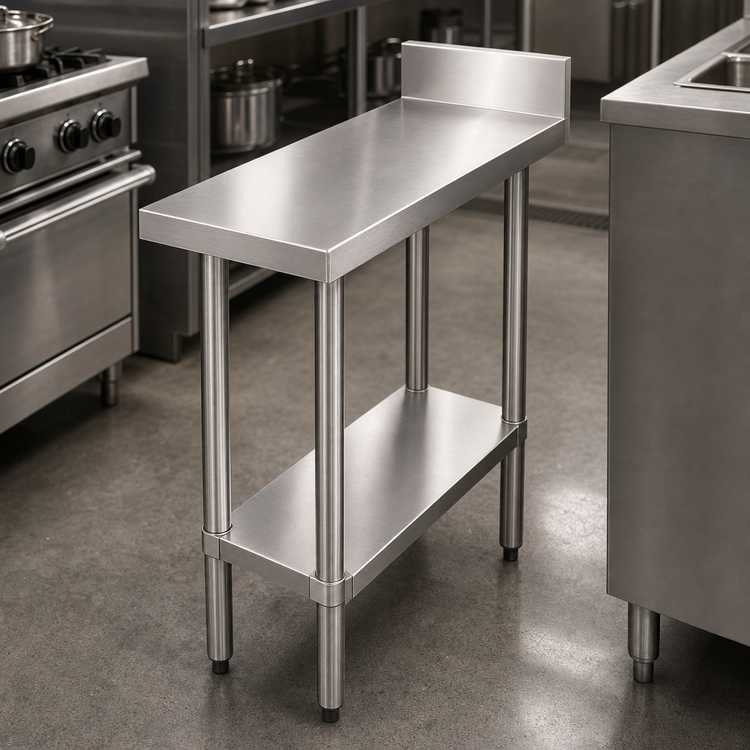 Product image #3 for Omcan USA 12 Inch x 30 Inch 18 Gauge 304 Stainless Steel Equipment Filler Table with 4 Inch Backsplash and Undershelf