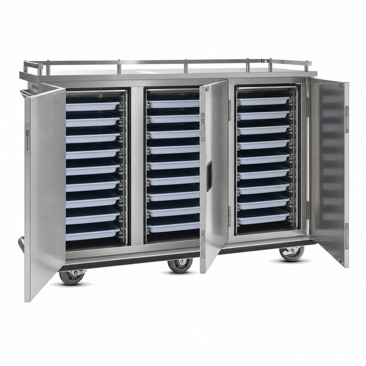 Product image #4 for FWE ETC-24 24-Tray 3-Section Mobile Non-Insulated Stainless Steel Patient Tray Cart
