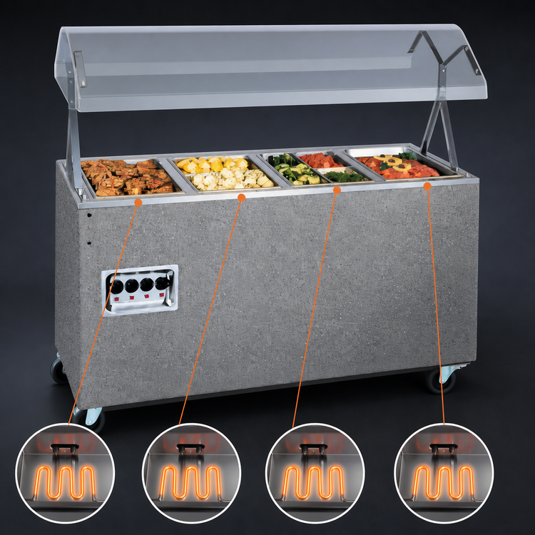Product image #3 for Vollrath 2-Series Affordable Portable 4-Well Mobile Hot Food Station with Buffet Breath Guard, Enclosed Storage Base, Granite, 120V