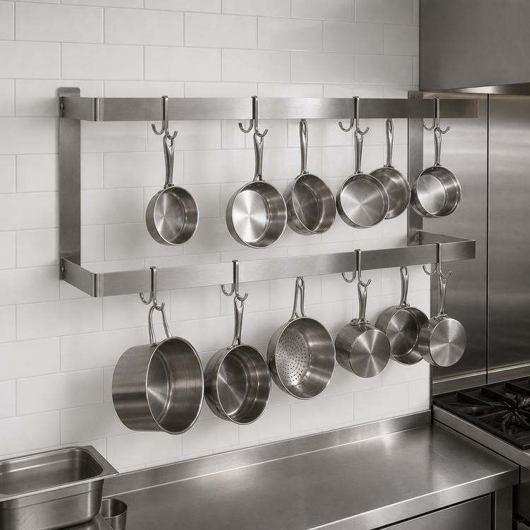 Product image #3 for John Boos 120-Inch Wall-Mount Double-Bar Stainless Steel Pot Rack with 20 Double Hooks