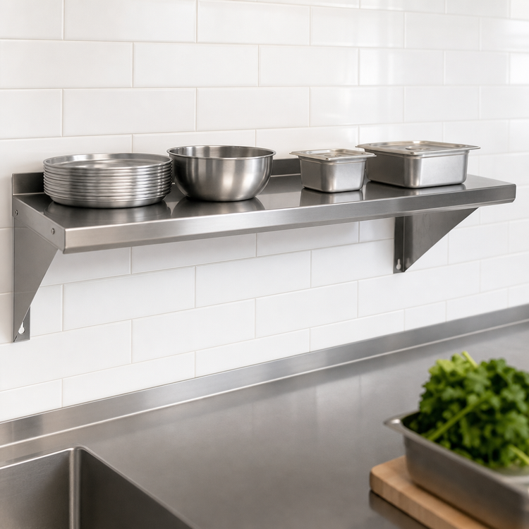 Product image #3 for BK Resources T-430 Economy Wall-Mounted Stainless Steel Shelf, 48 x 12 Inches