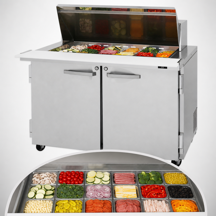 Product image #3 for Turbo Air PRO Series 48-1/4-Inch Wide Mega Top Sandwich/Salad Prep Table, Two-Section, 18-Pan, Self-Contained Refrigeration