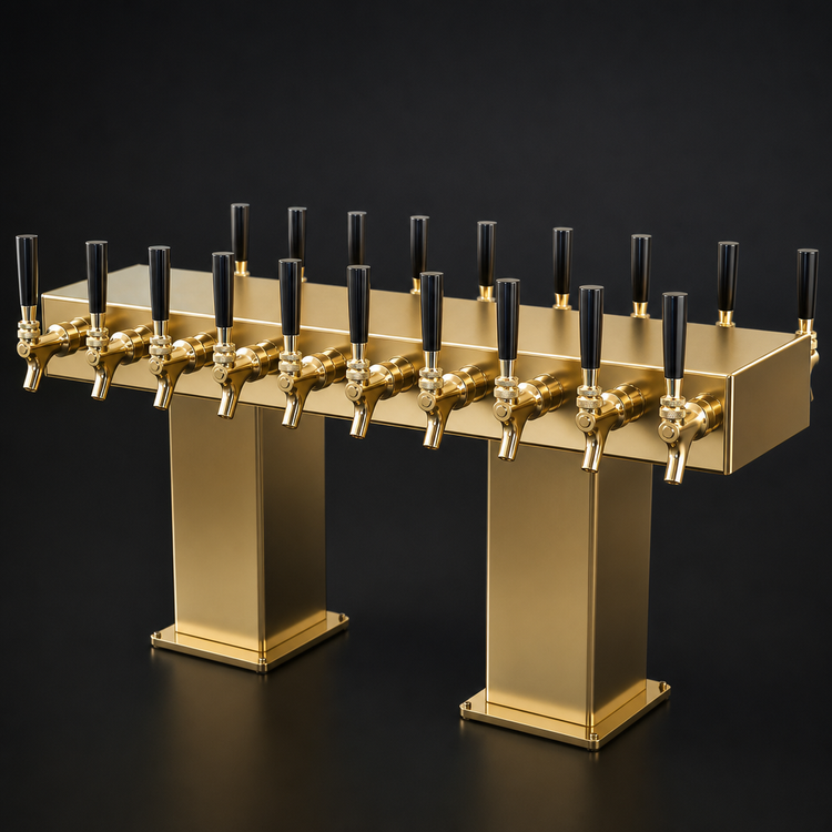 Product image #3 for Perlick Back-to-Back Bridge Tee Countertop Draft Beer Tower, Extra High, Glycol-Cooled, 36 Faucets, Brass Finish