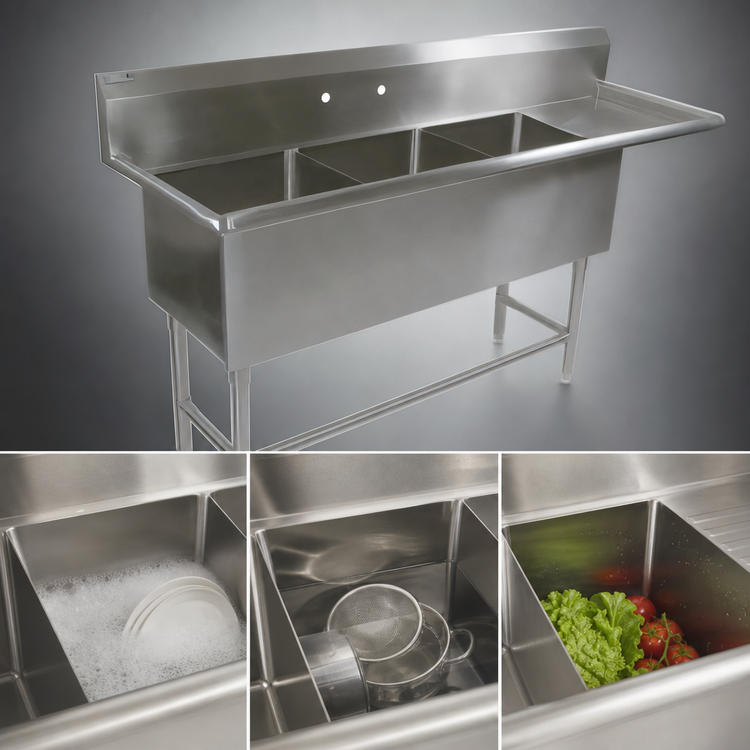 Product image #3 for John Boos Pro-Bowl 3-Compartment 16-Gauge Stainless Steel Sink with 24-Inch Right Drainboard