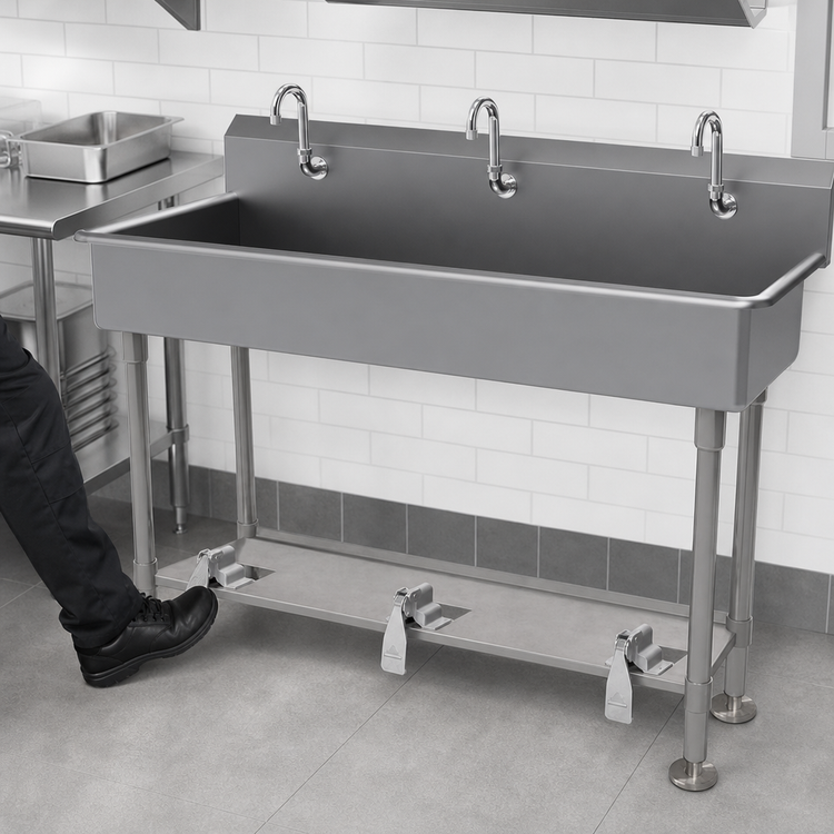Product image #2 for Advance Tabco 72-Inch 3-Station Toe-Push Freestanding Hand Wash Sink with Gooseneck Spouts