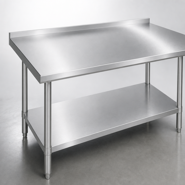 Product image #3 for Duke 84-Inch x 36-Inch 16-Gauge 400 Series Stainless Steel Work Table with 1-1/8-Inch Straight Riser and Undershelf