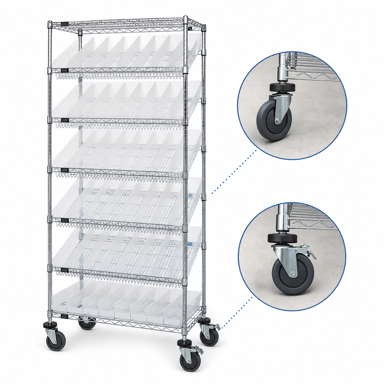 Product image #3 for Quantum Mobile Wire Shelving Bin System Unit with 48 Clear Bins and 7 Shelves, Chrome Plated Finish