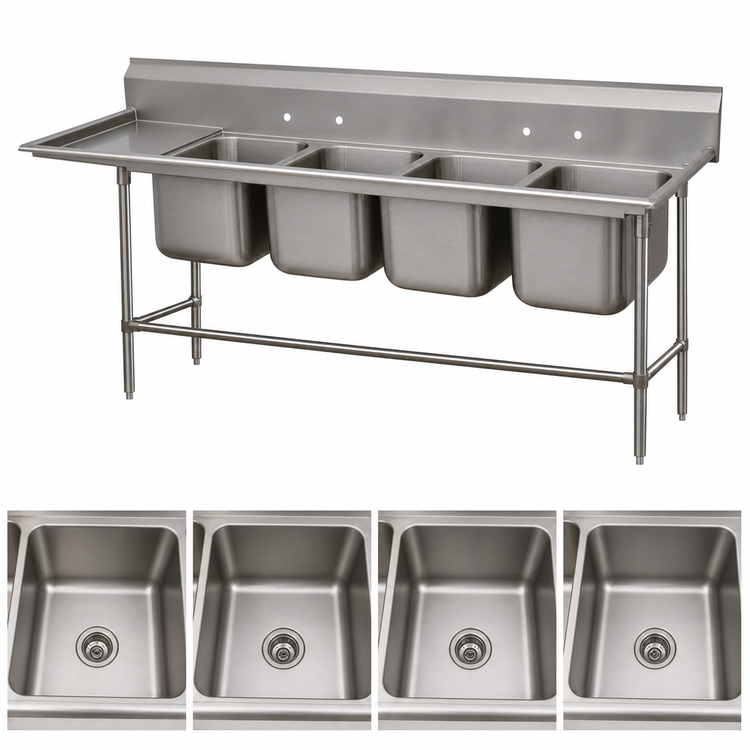 Product image #3 for Advance Tabco Regaline Four-Compartment Commercial Sink with Left-Hand 36-Inch Drainboard, 24 x 24 Inch Bowls