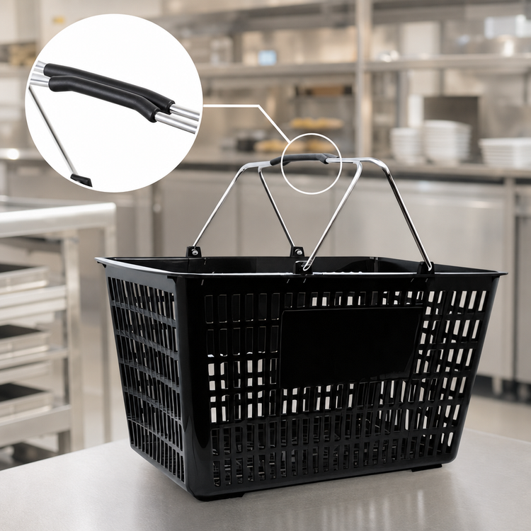 Product image #3 for Black Plastic Shopping Hand Basket with Coated Steel Handles, 50 lb Capacity
