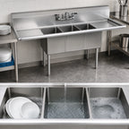 Thumbnail image #3 for BK Resources BKS-3-1416-12-12T Three-Compartment Stainless Steel Sink, Dual 12-Inch Drainboards, 66-Inch Wide, 9-Inch Backsplash
