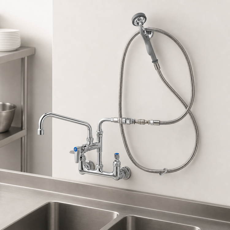 Product image #3 for T&S Brass Wall Mount Pre-Rinse Mixing Faucet Assembly with 8" Swing Nozzle and 96" Hose