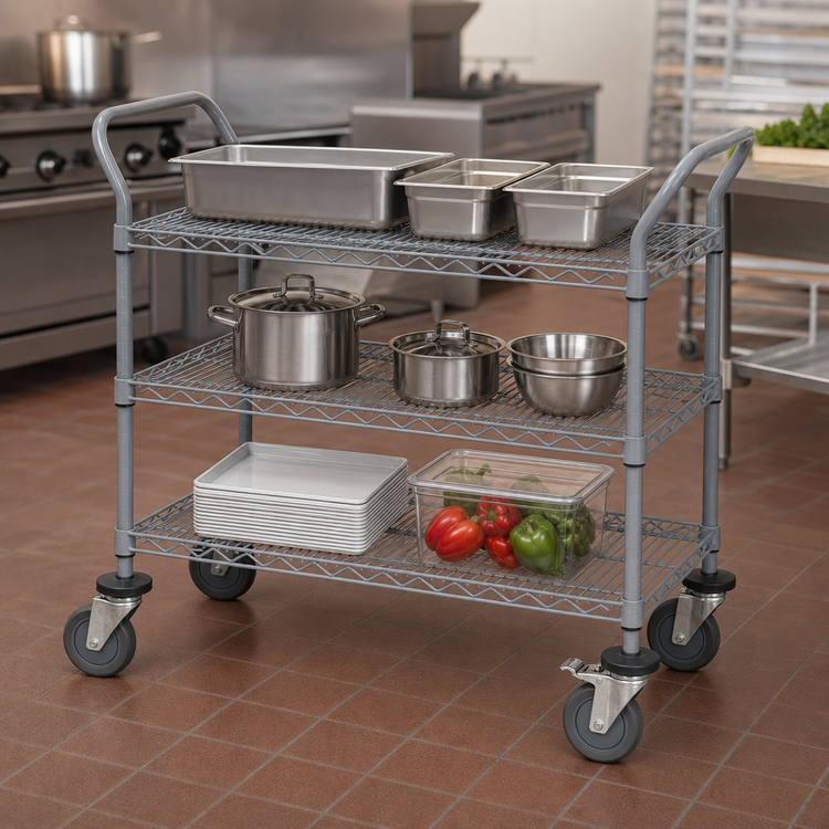 Product image #3 for Quantum 3-Shelf Wire Utility Bus Cart, 36W x 24D x 37-1/2H, Gray Epoxy Antimicrobial Finish, 1200 lb Capacity