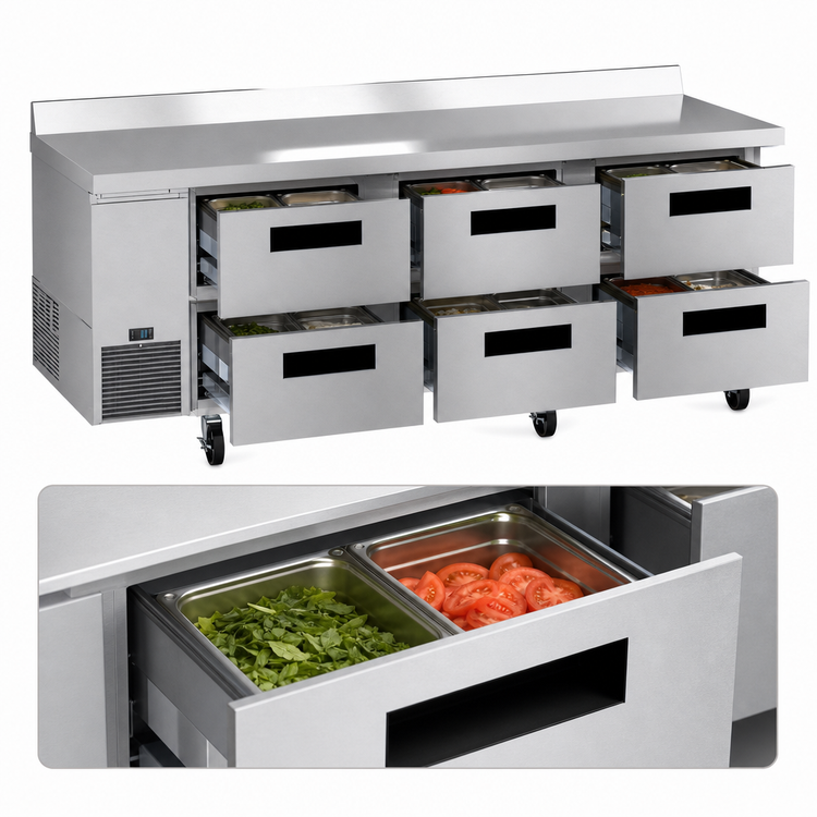 Product image #3 for Hoshizaki Steelheart Three-Section 93-Inch 6-Drawer Worktop Refrigerator