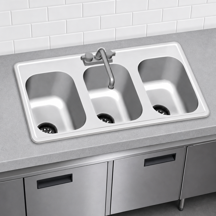 Product image #3 for Eagle Group Self-Rimming Three-Compartment Drop-In Sink with 14 x 16 x 9.5-Inch Bowls, Faucet and Basket Drains