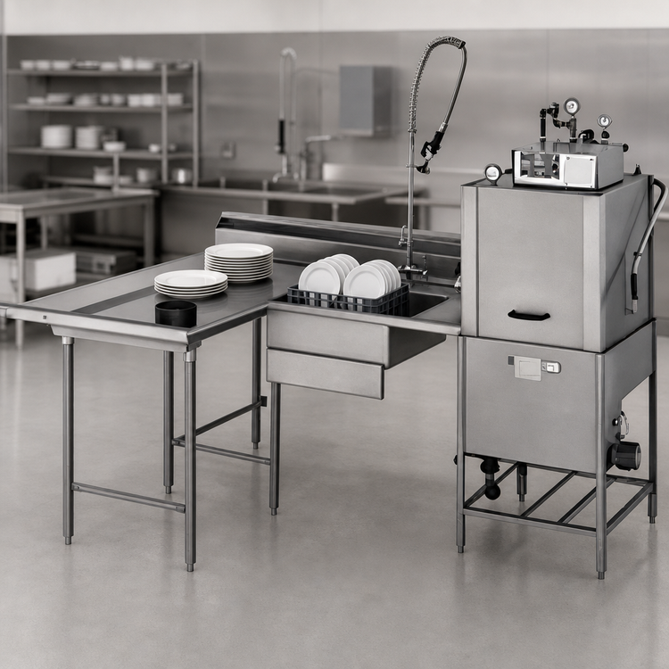 Product image #3 for Island Soiled Dishtable with 60-Inch Landing Shelf, Pre-Rinse Sink, and 84-Inch Machine Side