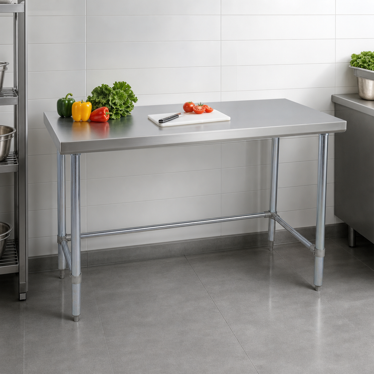 Product image #3 for BK Resources 72-Inch x 30-Inch Open Base Flat Top 18-Gauge 430 Stainless Steel Work Table with Galvanized Legs