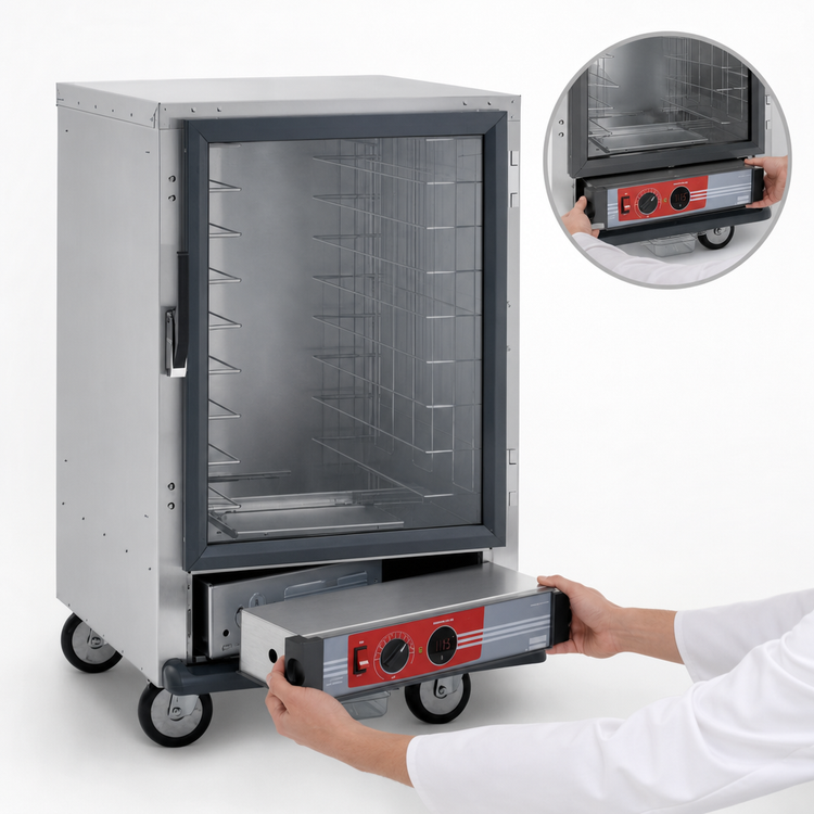 Product image #3 for Metro C5 1 Series Half-Height Mobile Non-Insulated Heated Holding Cabinet with Clear Polycarbonate Door and Lip Load Slides