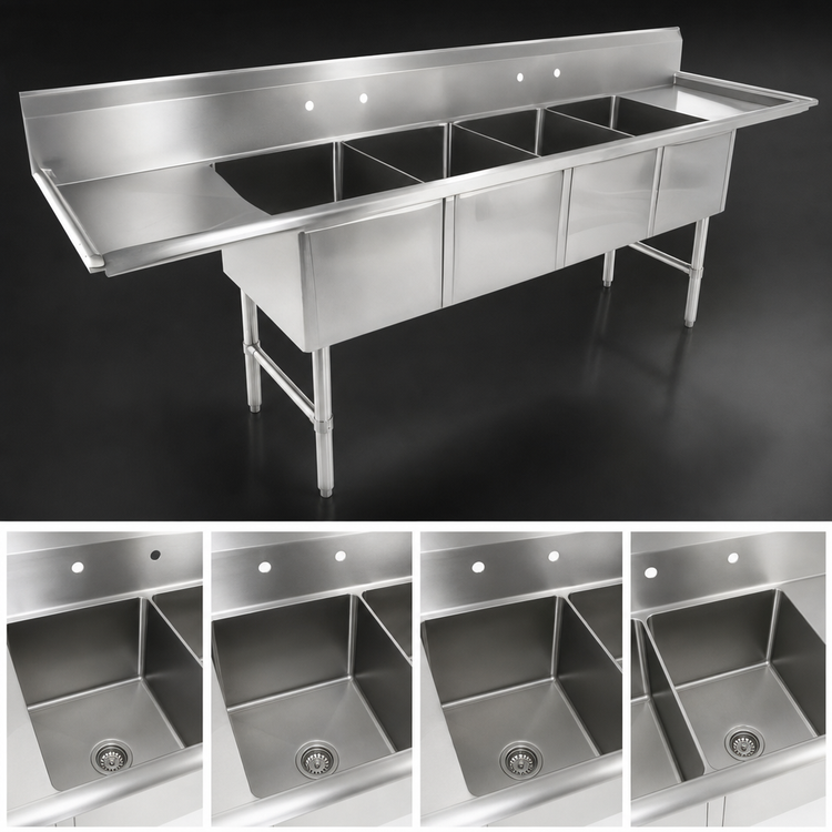 Product image #3 for John Boos B Series 4-Compartment Stainless Steel Sink with Dual Drainboards and 10" Backsplash, 111-1/4" Wide
