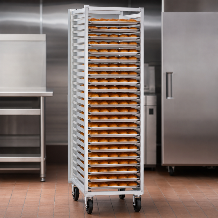 Product image #3 for Mobile Full-Height End-Loading Aluminum Bun Pan Rack, 30-Pan Capacity