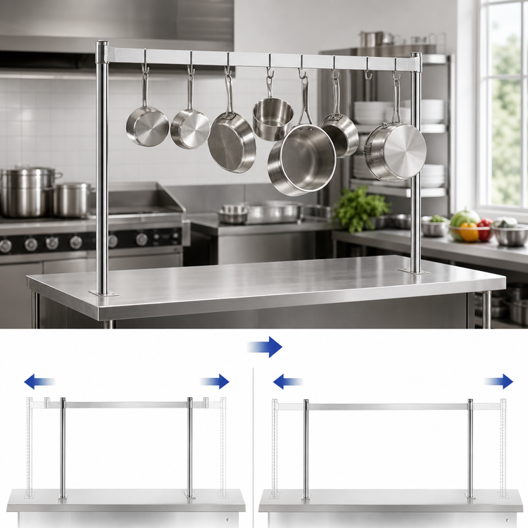 Product image #4 for 60 Inch Adjustable Table-Mounted U-Shaped Stainless Steel Pot Rack with Double-Prong Hooks