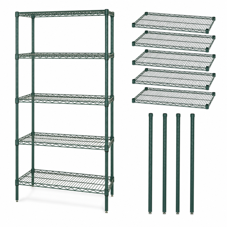 Product image #3 for Quantum Stationary Wire Shelving Starter Kit, 48"W x 24"D x 74"H, 5 Shelves, Green Epoxy Antimicrobial Finish