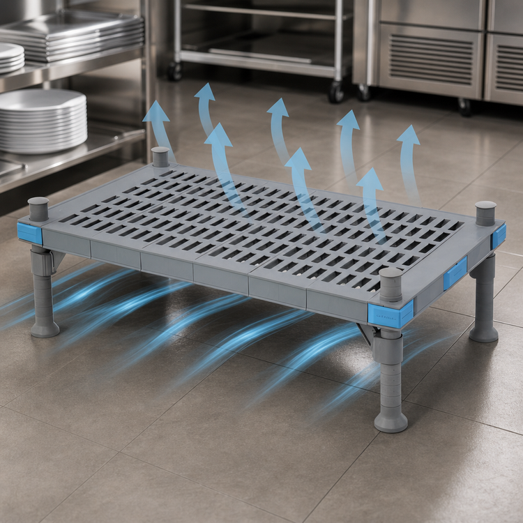 Product image #3 for Quantum Millenia Vented-Top Polymer Dunnage Rack with Shelf and 4 Posts, 60 x 24 x 14 Inches