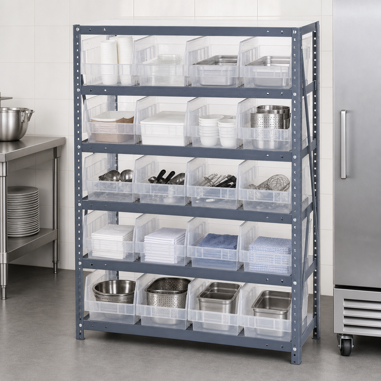 Product image #3 for Quantum Heavy-Duty Stationary Wire Shelving Unit with 5 Shelves and 16 Clear Bins, 36 x 12 x 39 Inches