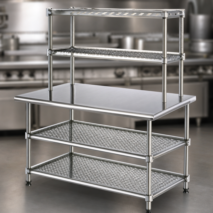 Product image #3 for Eagle Group AdjusTable Heavy-Duty Two-Tier Stainless Steel Work Table with Double Overshelf, 48" W x 24" D