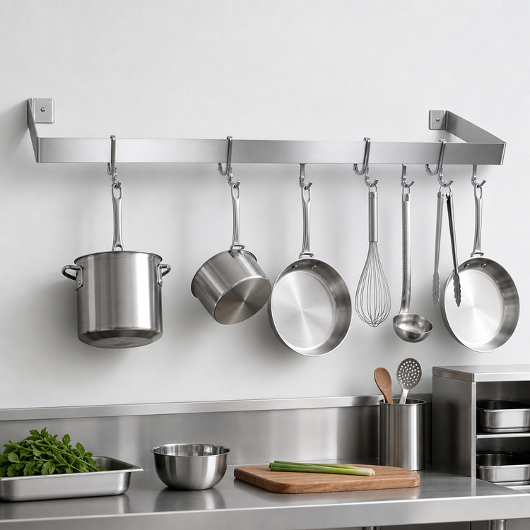 Product image #3 for John Boos 84-Inch Wall-Mount Commercial Pot Rack, Stainless Steel Single Bar with 7 Double Hooks