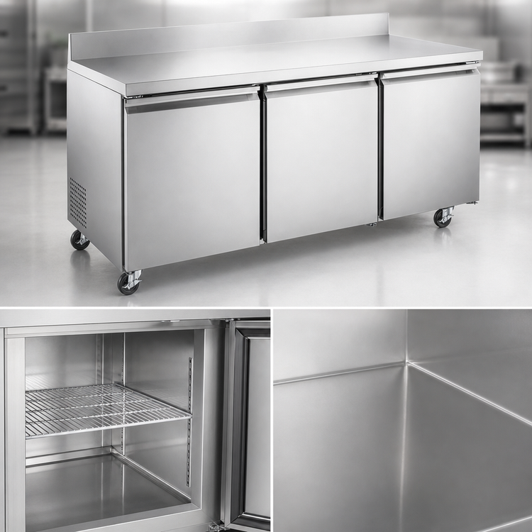 Product image #3 for Omcan 72-Inch Three-Section Worktop Refrigerator With Backsplash, 17 Cu. Ft., Stainless Steel