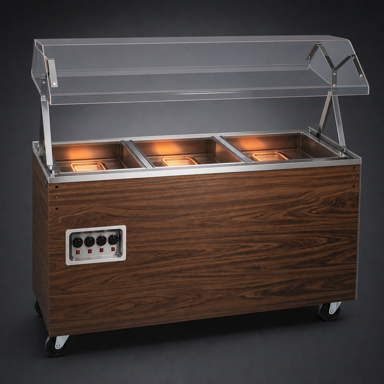 Product image #3 for Vollrath 2-Series Affordable Portable Mobile 3-Well Open Well Hot Food Station with Enclosed Storage Base, Buffet Breath Guard, Cherry Woodgrain, 208-240V