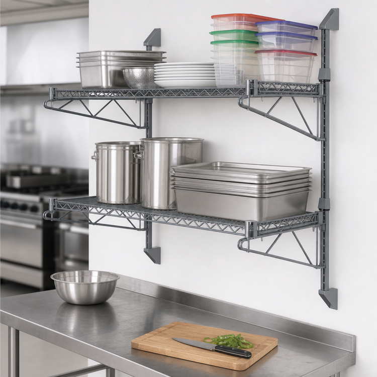 Product image #3 for Quantum Cantilever Double Wall-Mount Wire Shelving Kit, 30 x 24 Inches, Gray Epoxy Antimicrobial Finish