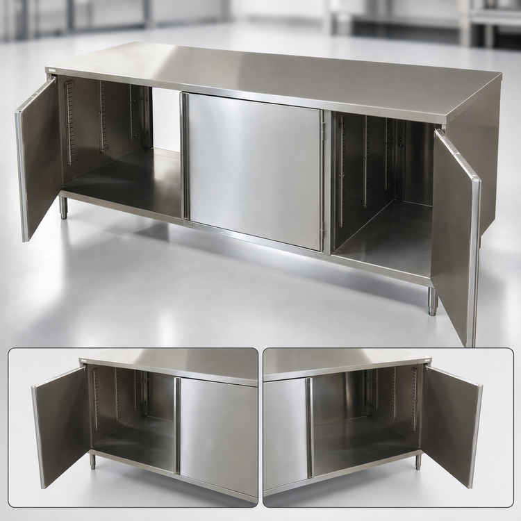 Product image #3 for BK Resources Dual-Access Stainless Steel Chef Table with Cabinet Base, Hinged Doors on Both Sides, 72 x 30 Inch
