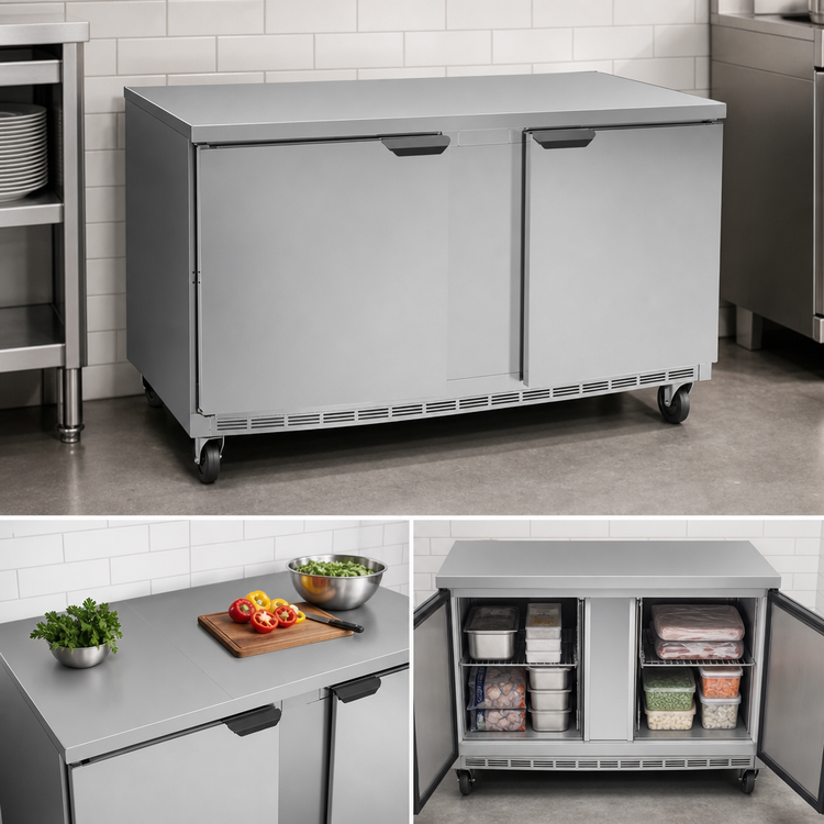 Product image #3 for Beverage Air 60-Inch Two-Section Worktop Freezer, 14.39 Cu. Ft., Flat Top, Solid Doors, Rear-Mounted Self-Contained R290 Refrigeration