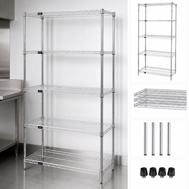 Product image #3 for Quantum Stationary Wire Shelving Starter Kit, 42W x 14D x 54H, 5 Shelves, Chrome Plated