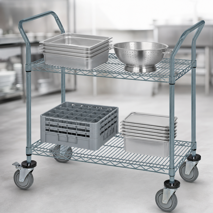 Product image #3 for Quantum 60 Inch Gray 2-Shelf Wire Utility Bus Cart with U-Handles and Donut Bumpers