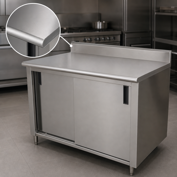 Product image #3 for Advance Tabco CK-SS-3610M 120" x 36" Enclosed Work Table with Cabinet Base, Mid-Shelf, Sliding Doors, and 5" Backsplash