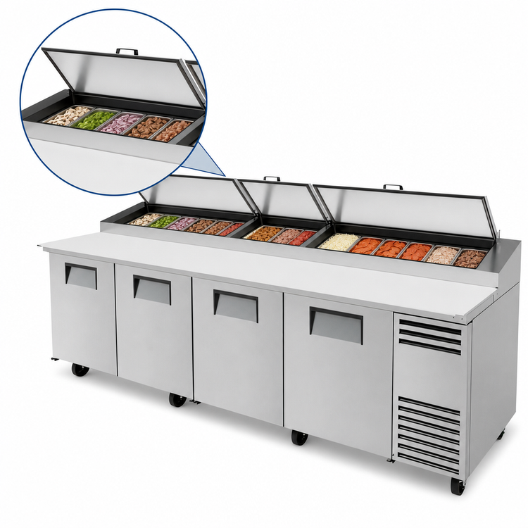 Product image #3 for True TPP-AT-119-HC 4-Section Pizza Prep Table with Side-Mounted Self-Contained Refrigeration