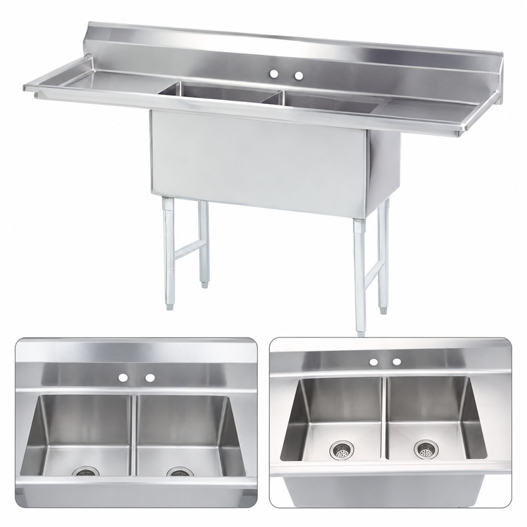 Product image #3 for Advance Tabco 2-Compartment Fabricated Sink with Left and Right Drainboards, 20 x 30 x 14 Inch Bowls