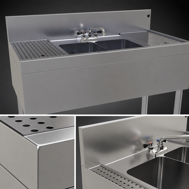 Product image #3 for Glastender Two-Compartment Stainless Steel Underbar Sink Unit with Left and Right Drainboards, 48 Inch x 24 Inch
