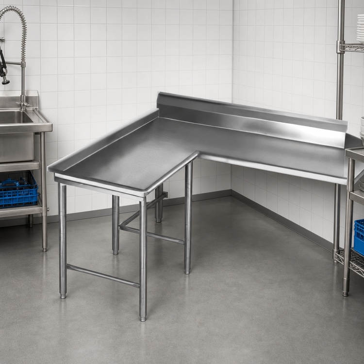 Product image #3 for Eagle Group Island Clean Dishtable, Left-Hand, 48-Inch Machine-to-Corner x 60-Inch Corner-to-End, 30-Inch Deep, 16-Gauge 430 Stainless Steel
